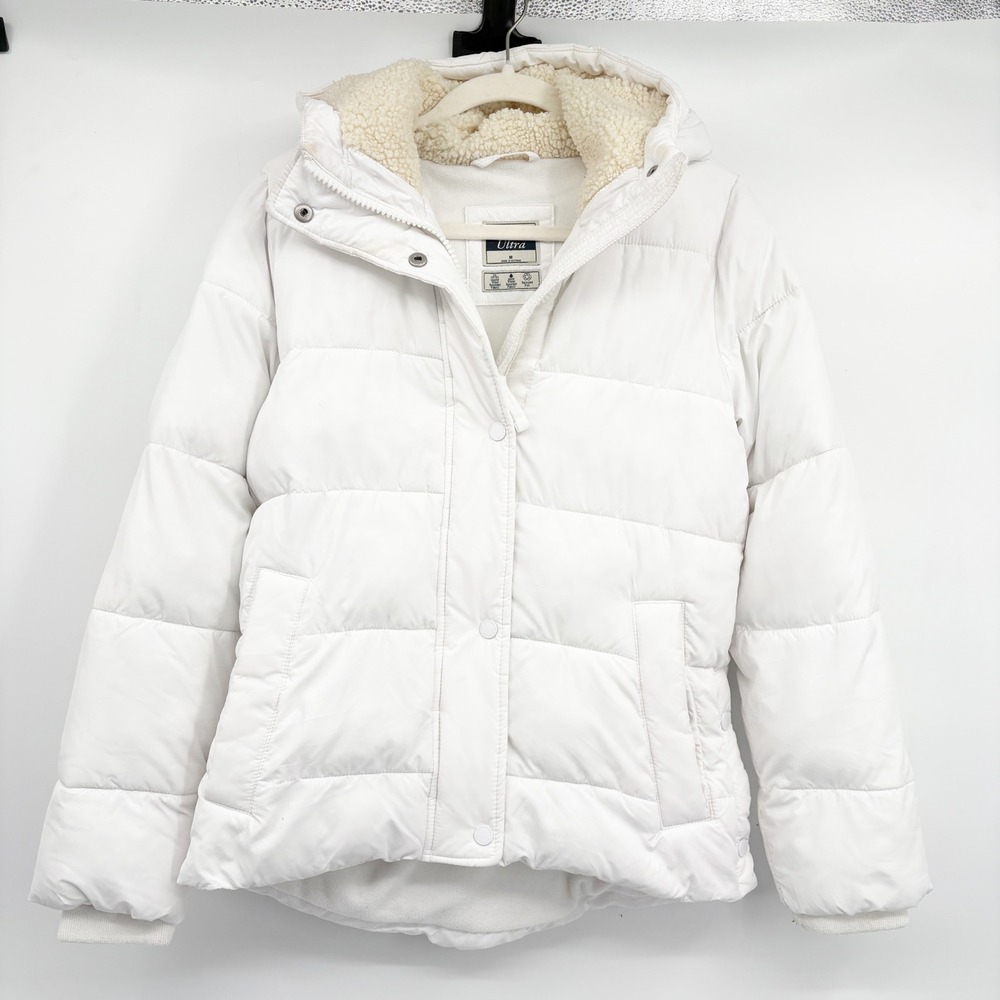 Abercrombie & Fitch Womens White Relaxed Ultra Sherpa Hooded Puffer Jacket M